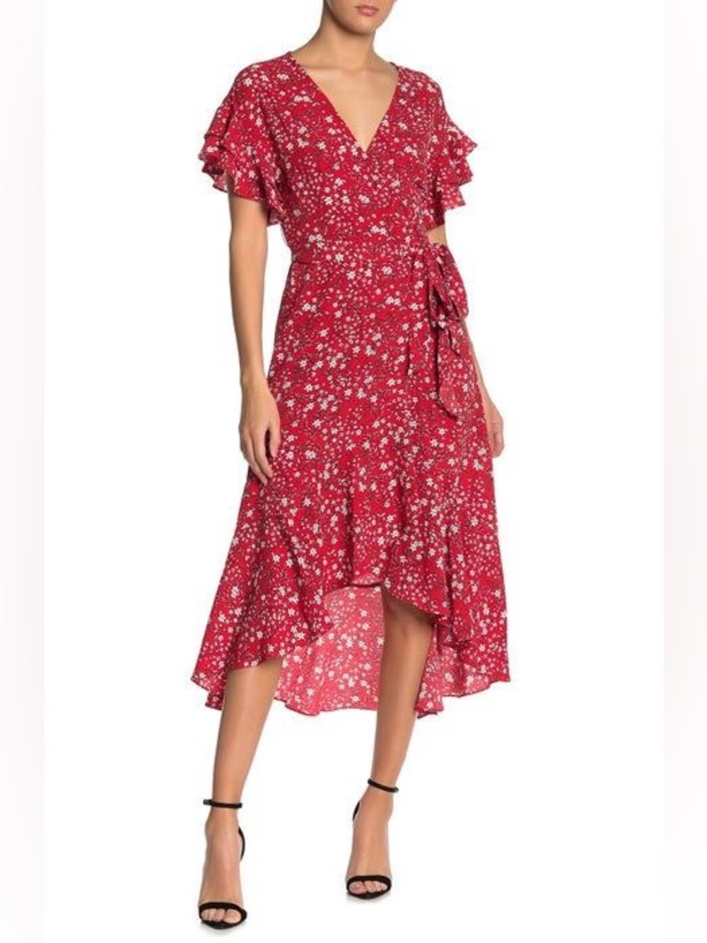 Max Studio NWT Floral Ruffle Wrap Midi Dress Rust Red Pink Small